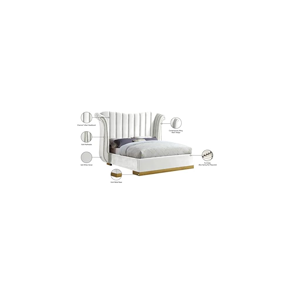Flora Collection Modern | Contemporary Velvet Upholstered Bed Nailheads, Deep Channel Tufting and Gold Metal Base, King, White