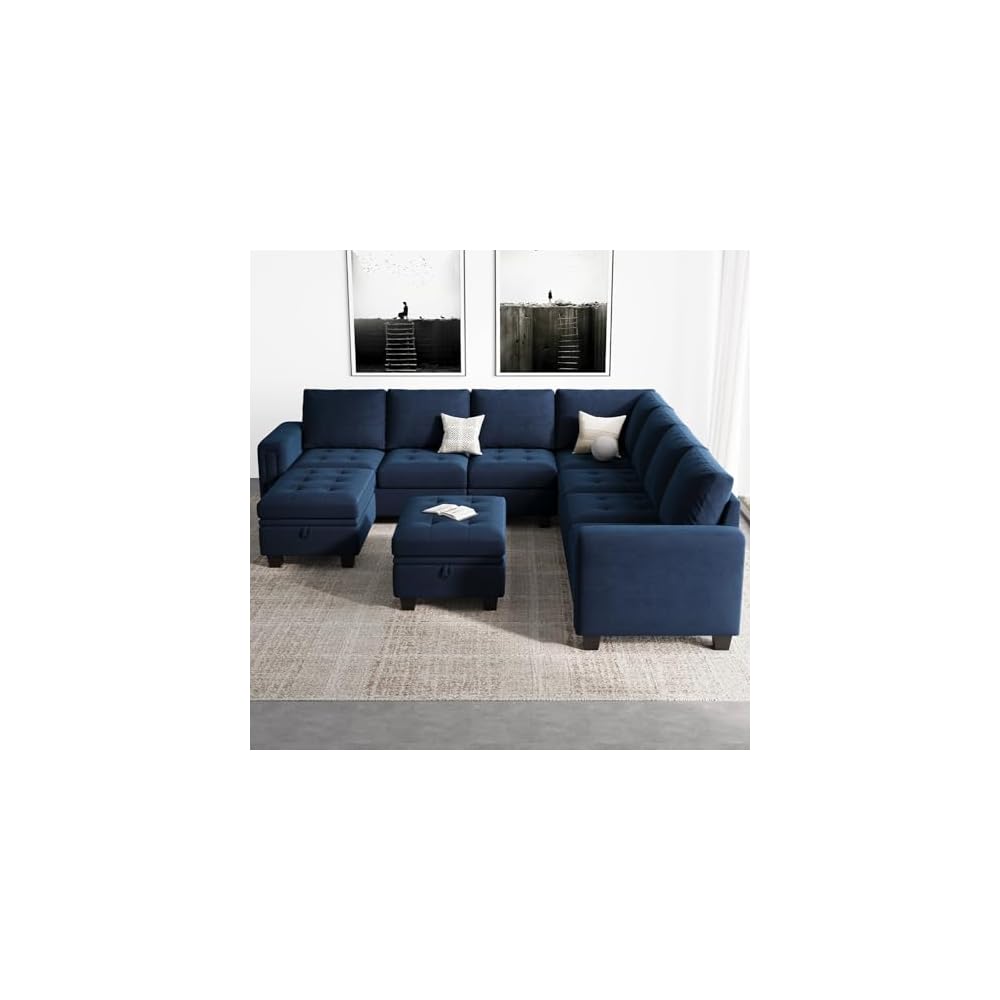 Modular Sectional Sofa U Shaped Sectional Couch with Storage Ottoman Velvet 9-Seater Convertible Sectional Sofa with Chaises Blue