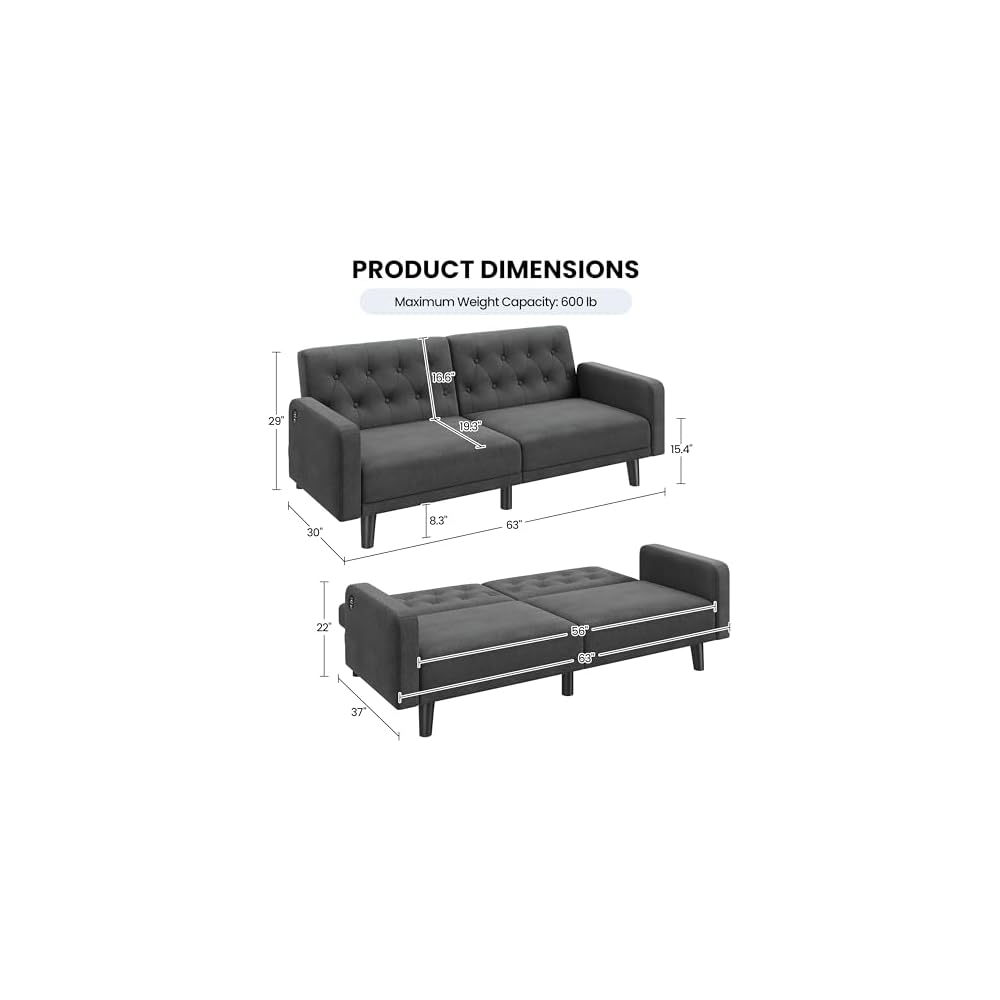 63" Small Futon Sofa Bed, Convertible Couch with USB, Dark Gray