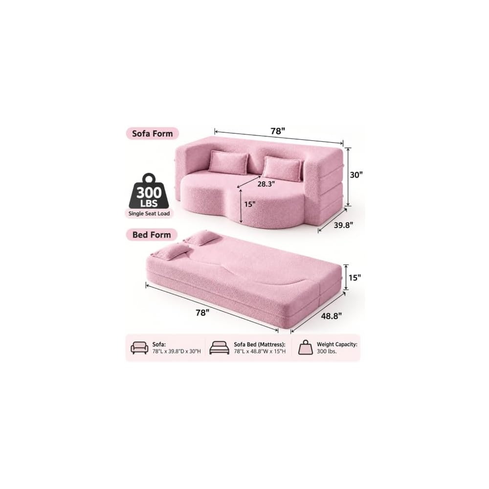 78" 2-in-1 Convertible Sofa Bed, Folding Futon Floor Couch with Pillows