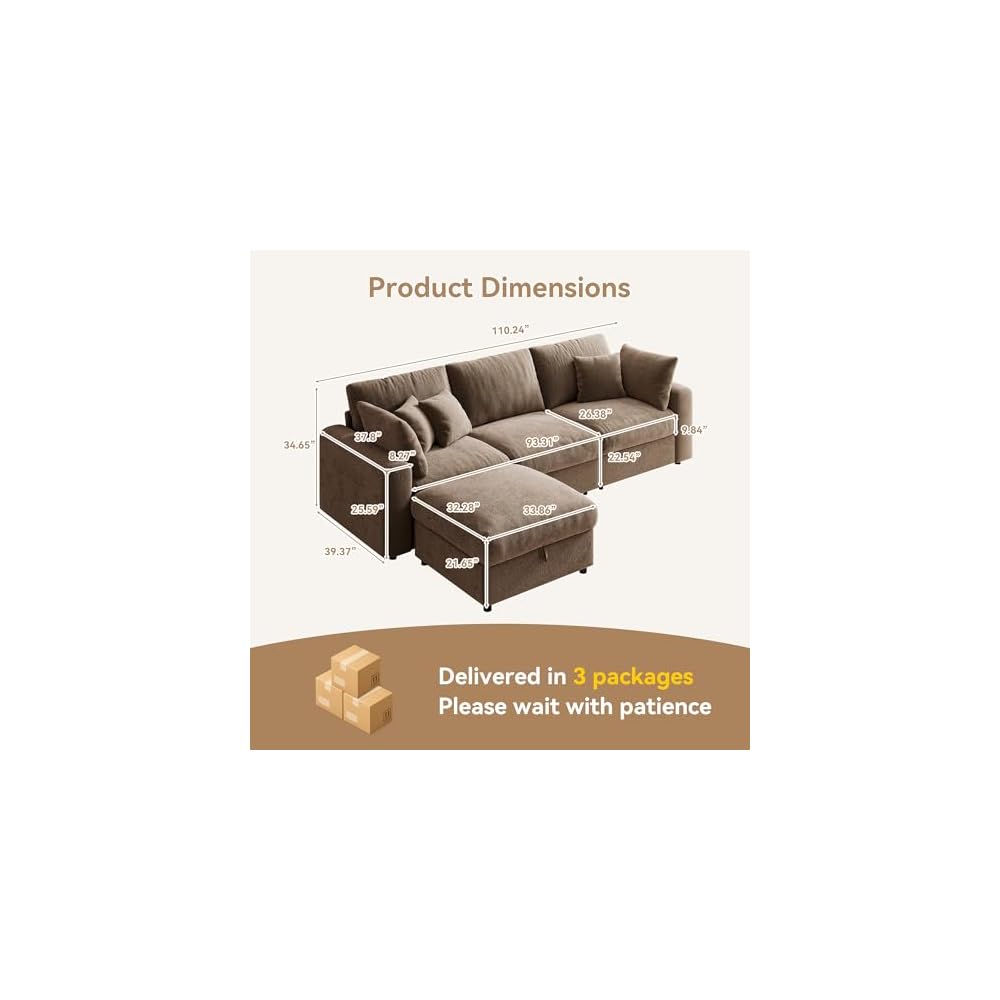 110” Cloud Sectional Couches for Living Room, Modular Sectional Sofa with Deep Seat, Convertible L-Shape Couch with Storage Ottoman for Bedroom Apartment, Chenille (Brown)
