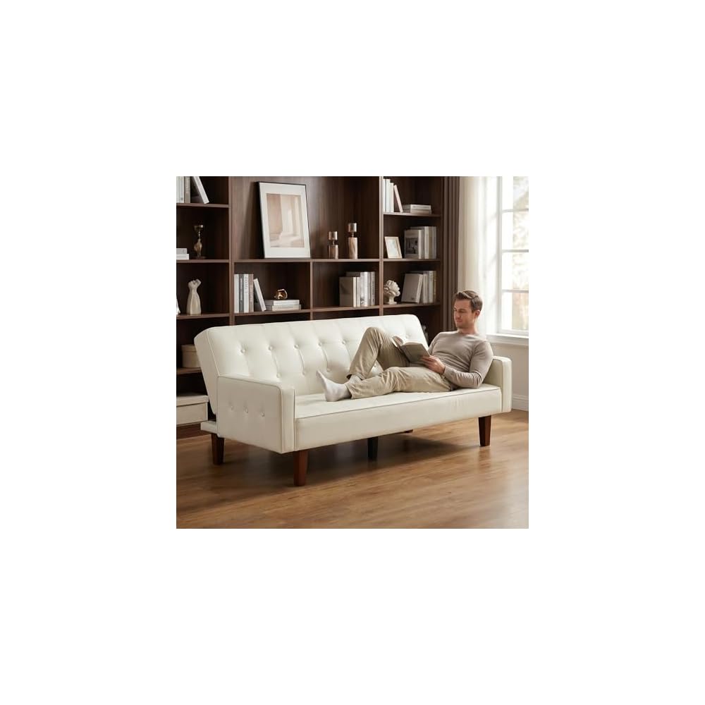 PU Leather Couch Bed, 3 Seater Leather Sofa with Adjustable Backrest, Leather Sofa Couch with Wood Legs, Modern Convertible Loveseat Sofa for Office & Living Room, Leather White