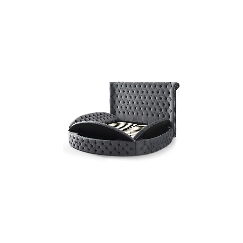 Elizabeth 107 x 101 Velvet Round Storage King Bed in Gray