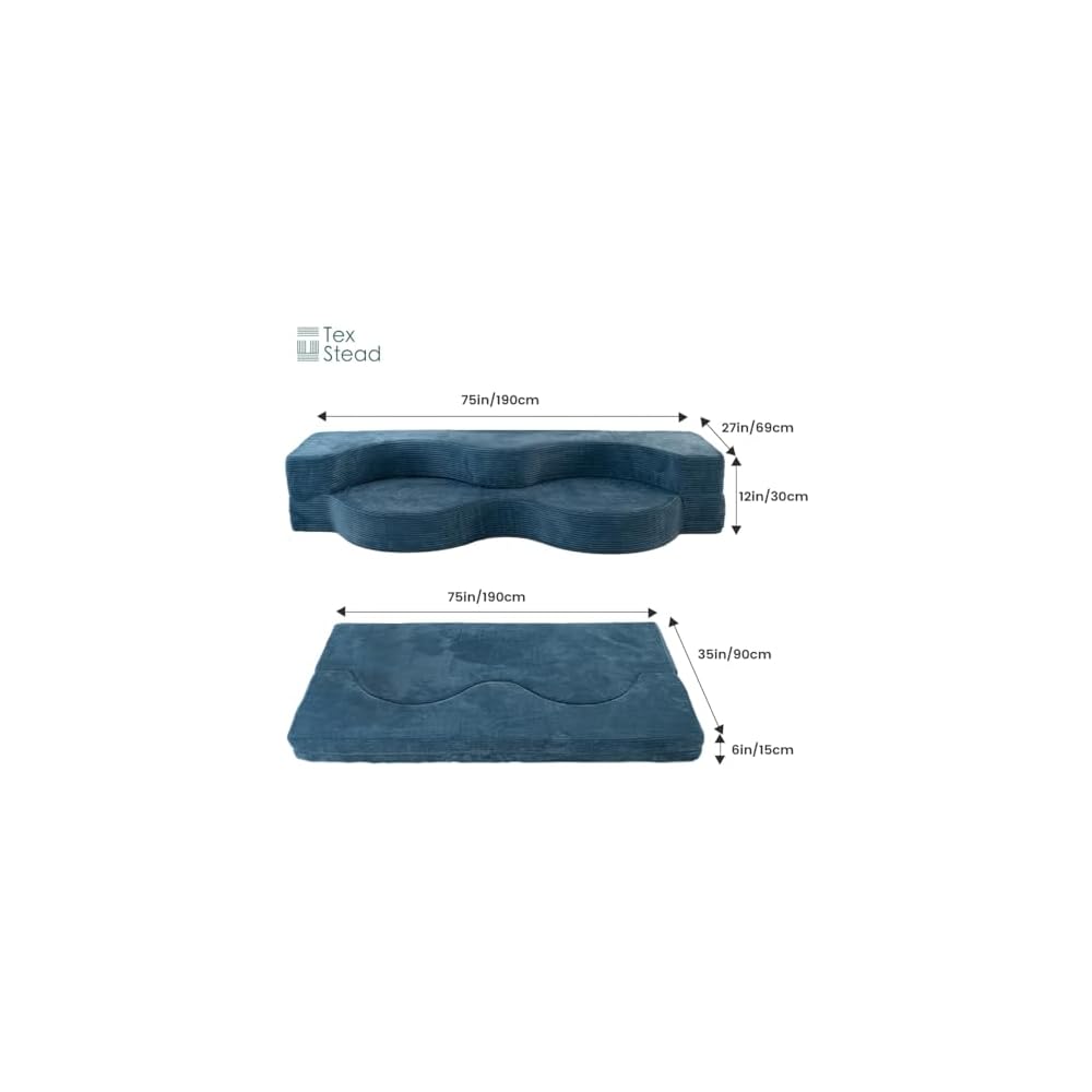 75" Folding Sofa Bed Convertible Futon, Twin Size Sleeper Couch, Washable Velvet Corduroy Cover & High-Density Foam, 2-in-1 Floor Mattress, No Assembly for Living Room/Dorm Blue