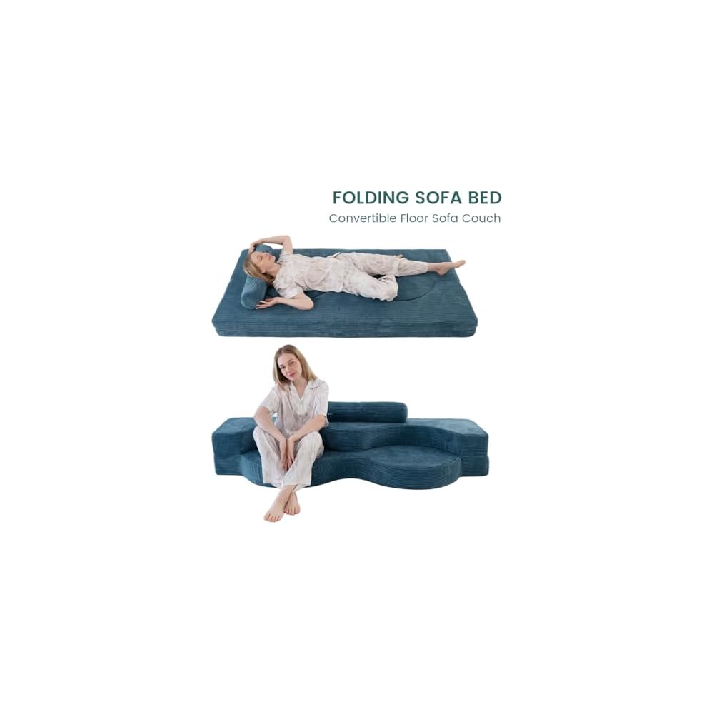 75" Folding Sofa Bed Convertible Futon, Twin Size Sleeper Couch, Washable Velvet Corduroy Cover & High-Density Foam, 2-in-1 Floor Mattress, No Assembly for Living Room/Dorm Blue
