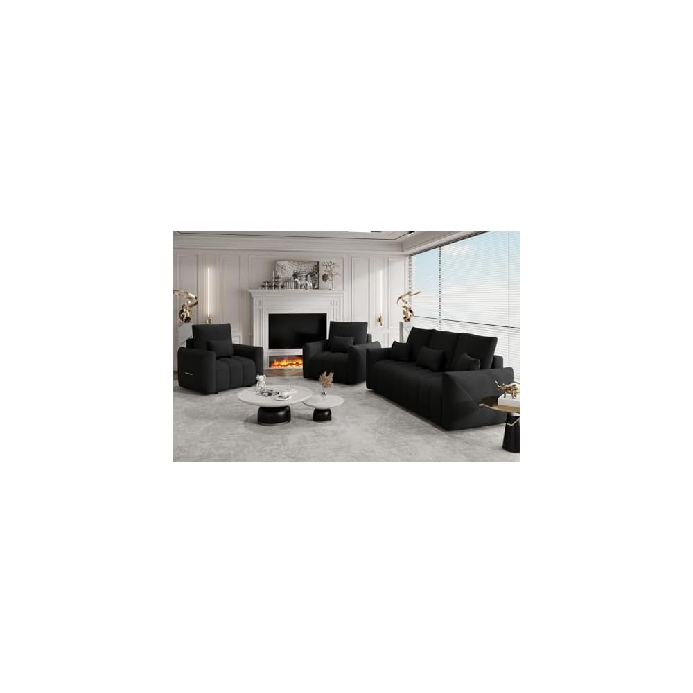 3 Piece Cloud Couch Sofa for Living Room, Modern Sofa Chair and 3-Seater Teddy Sectional Couches with Pillows and Back Cushions, Comfy Deep Seat Oversized Sofa for Bedroom, Apartment, Black