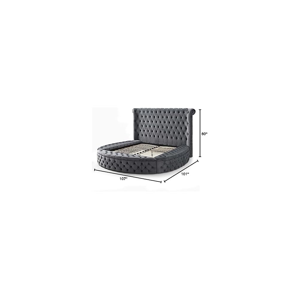 Elizabeth 107 x 101 Velvet Round Storage King Bed in Gray