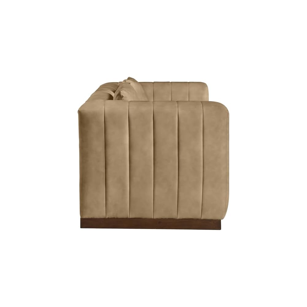 44098Tan-L Mallina Collection Modern | Contemporary Loveseat with Soft Tan Vegan Leather, Walnut Finish Solid Wood Base, Deep Channel Tufting, 67" W x 36" D x 28.5" H, Tan