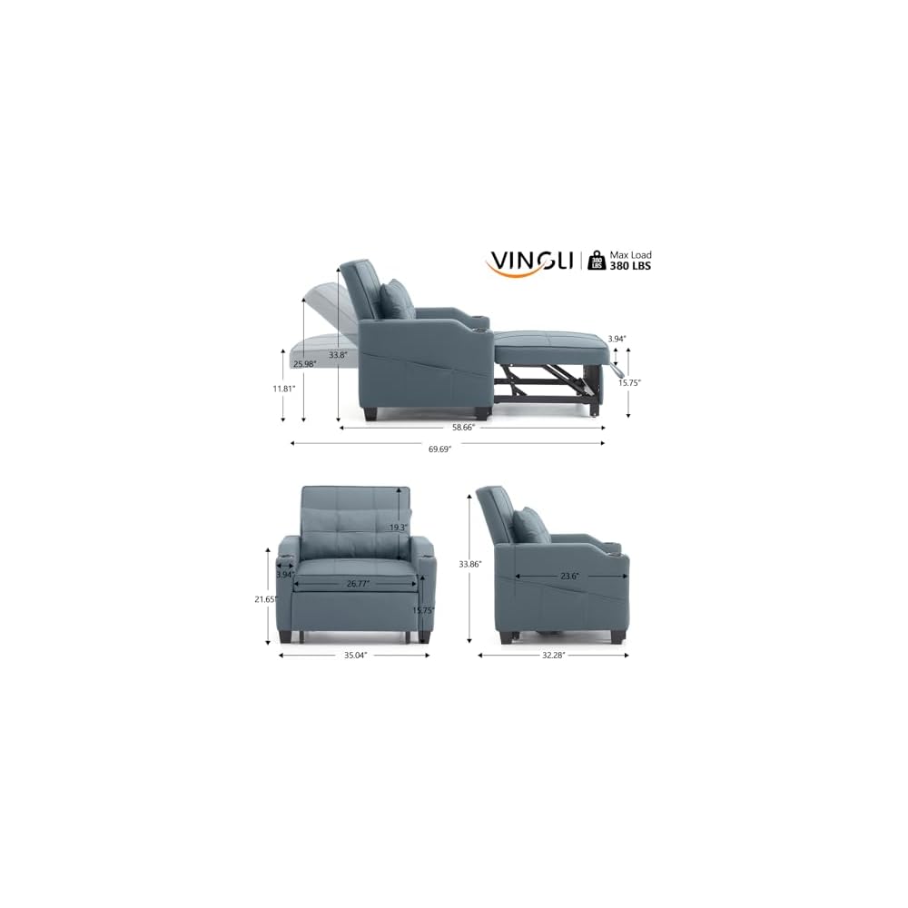 3-in-1 Convertible Sofa Bed, Recliner with Adjustable Backrest, USB Ports, Cup Holders for Small Spaces, Living Room
