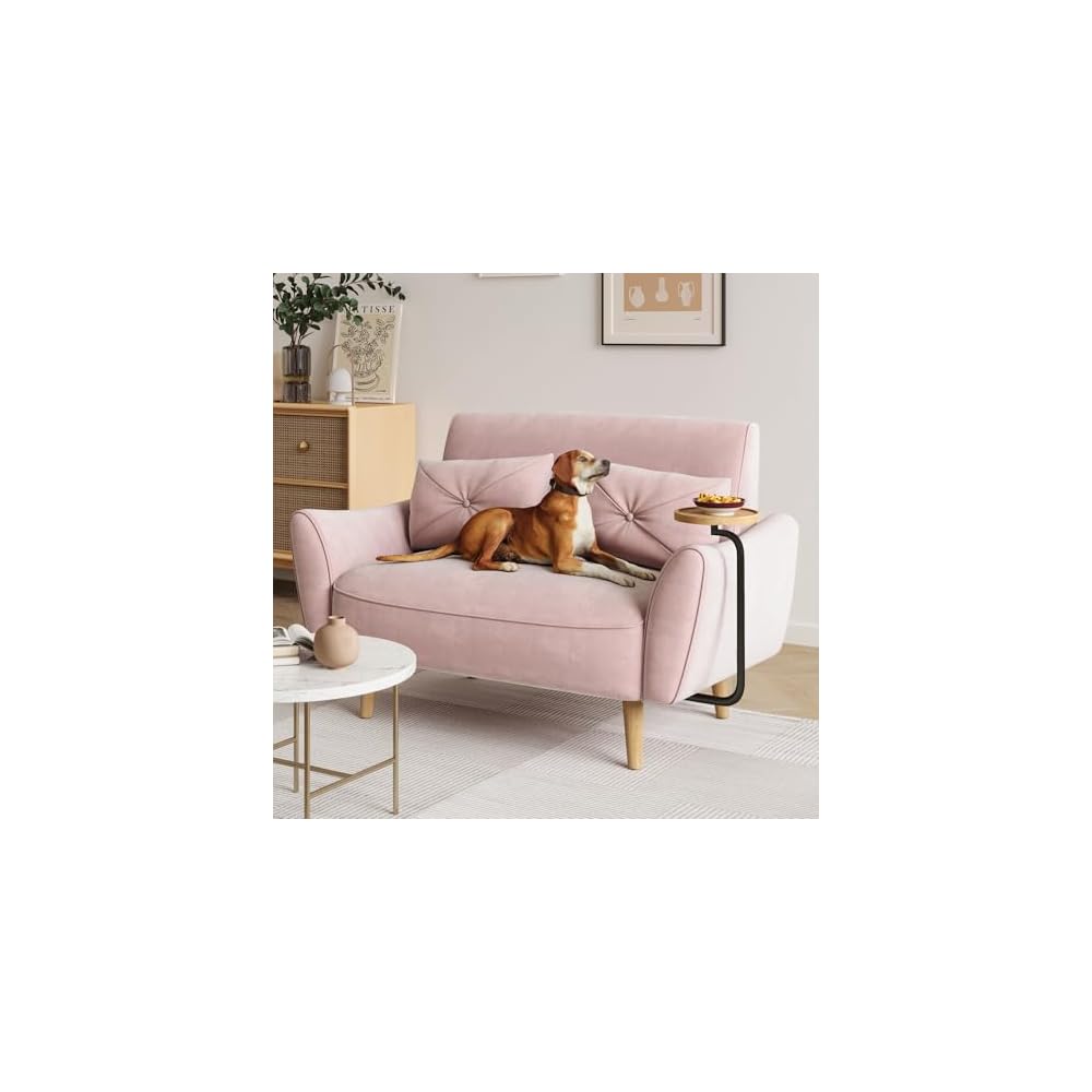 Loveseat Sofa, 47" Velvet Couch for Bedroom, Convertible Wooden Tray & Ergonomic Armrest, for Small Space, Apartment, Living Room, Home Office, Easy Assembly, Pink