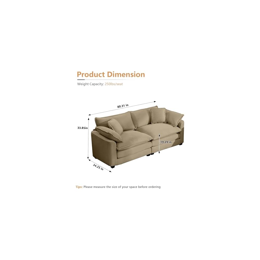 Luxury Modular Sectional Sofa, 80 Inch Modern Corduroy Comfy Cloud Couches for Living Room Office, Loveseat Deep Sofa with 2 Armrest Pillows and 2 Toss Pillows, Camel