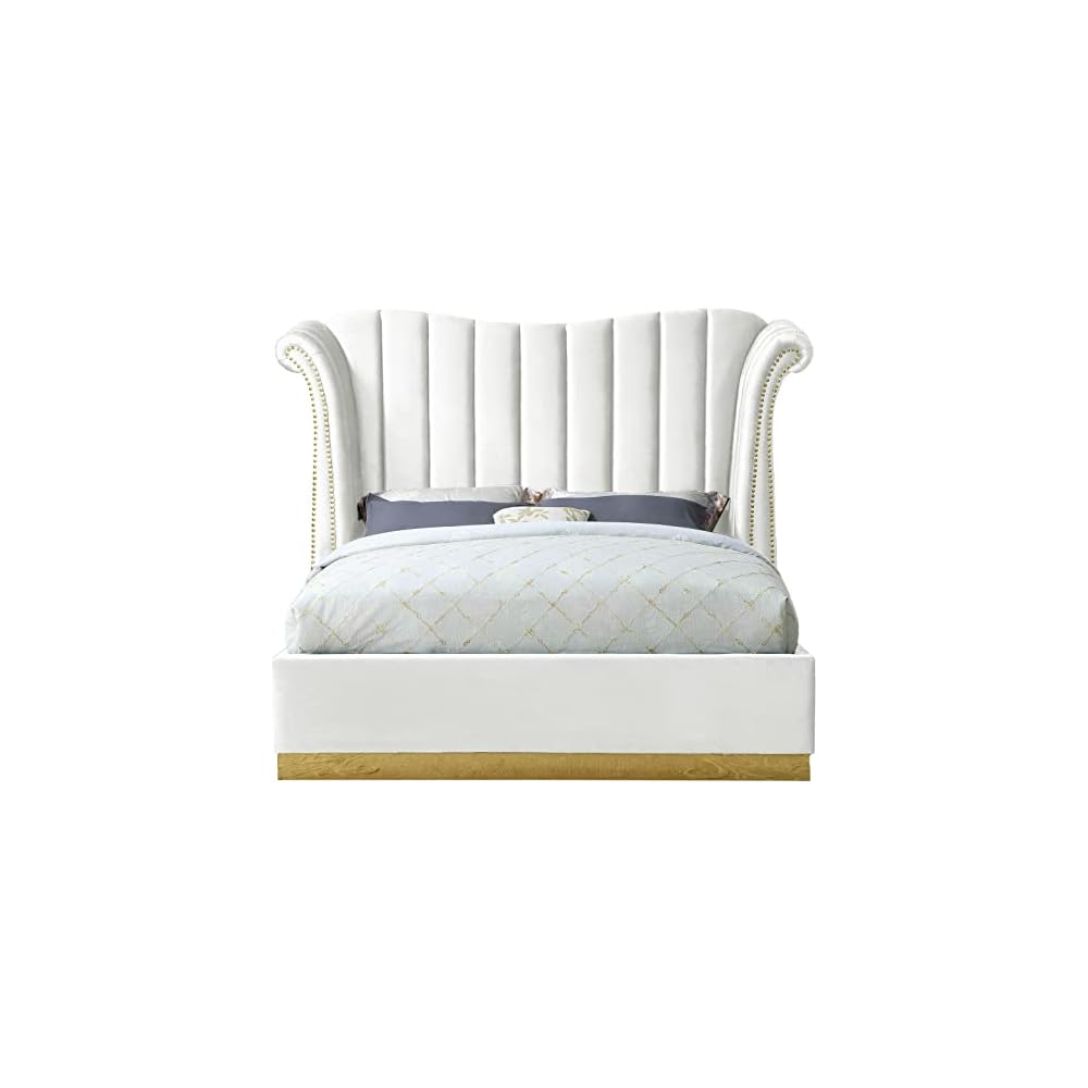 Flora Collection Modern | Contemporary Velvet Upholstered Bed Nailheads, Deep Channel Tufting and Gold Metal Base, King, White