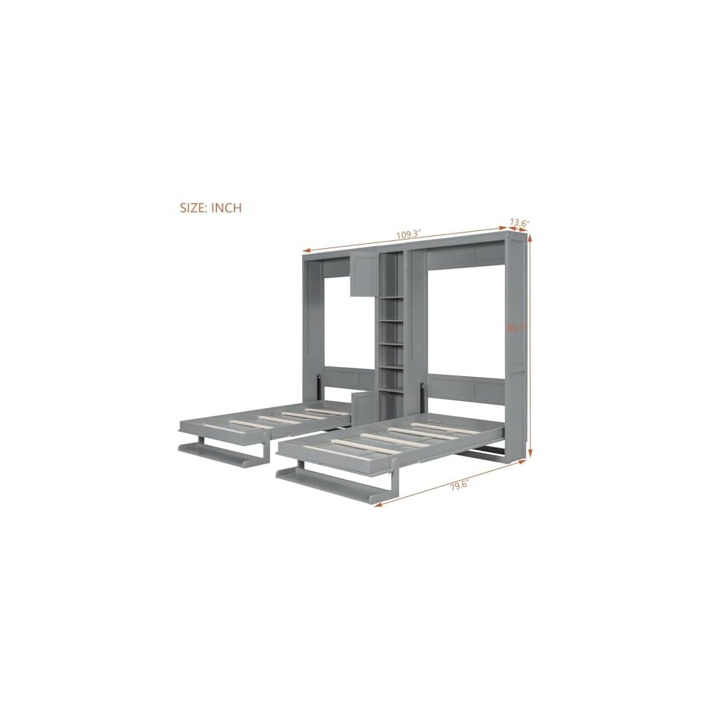 Dual Twin Murphy Beds with Storage Shelves and Cabinets, Pine Wood Space-Saving Hideaway Double Murphy Wall Beds with Storage,Support Legs and Slats