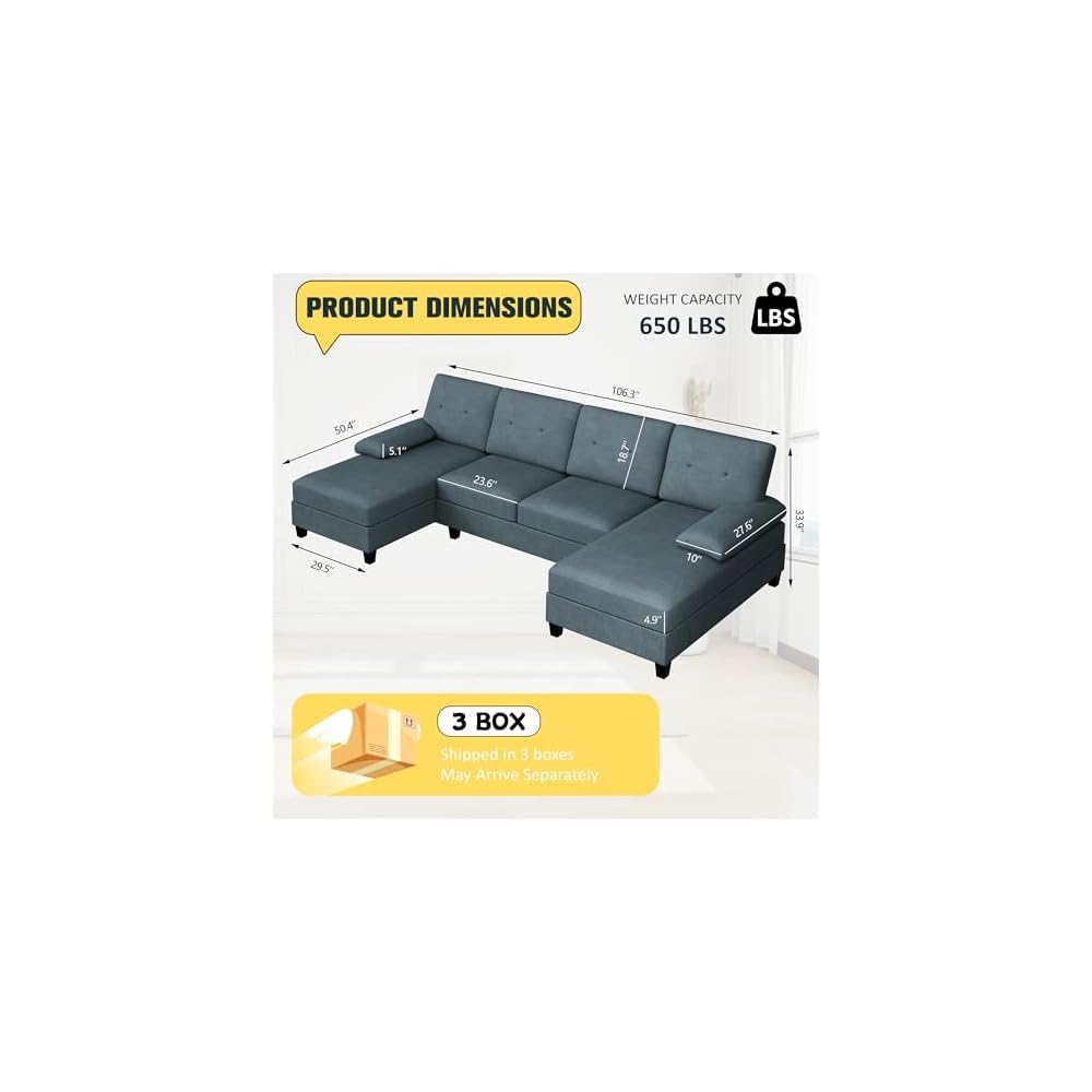 JY QAQA Sectional Couche with Soft Cushion, U-Shaped Sofa with Double Chaise, 4-Seat Linen Fabric Sofa Sets for Living Room, Apartment, Grey