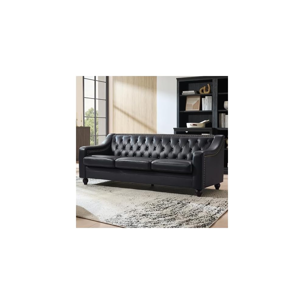 80" Leather Couch, Modern Genuine Leather Sofa, Chesterfield Sofa