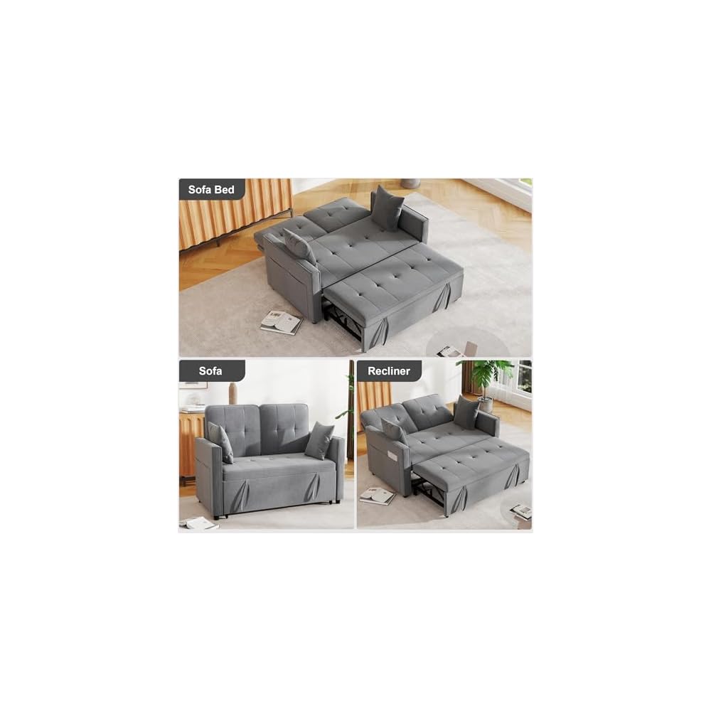 Pull Out Sofa Bed: 56" Gray 3 in 1 Convertible Sleeper Sofa Bed