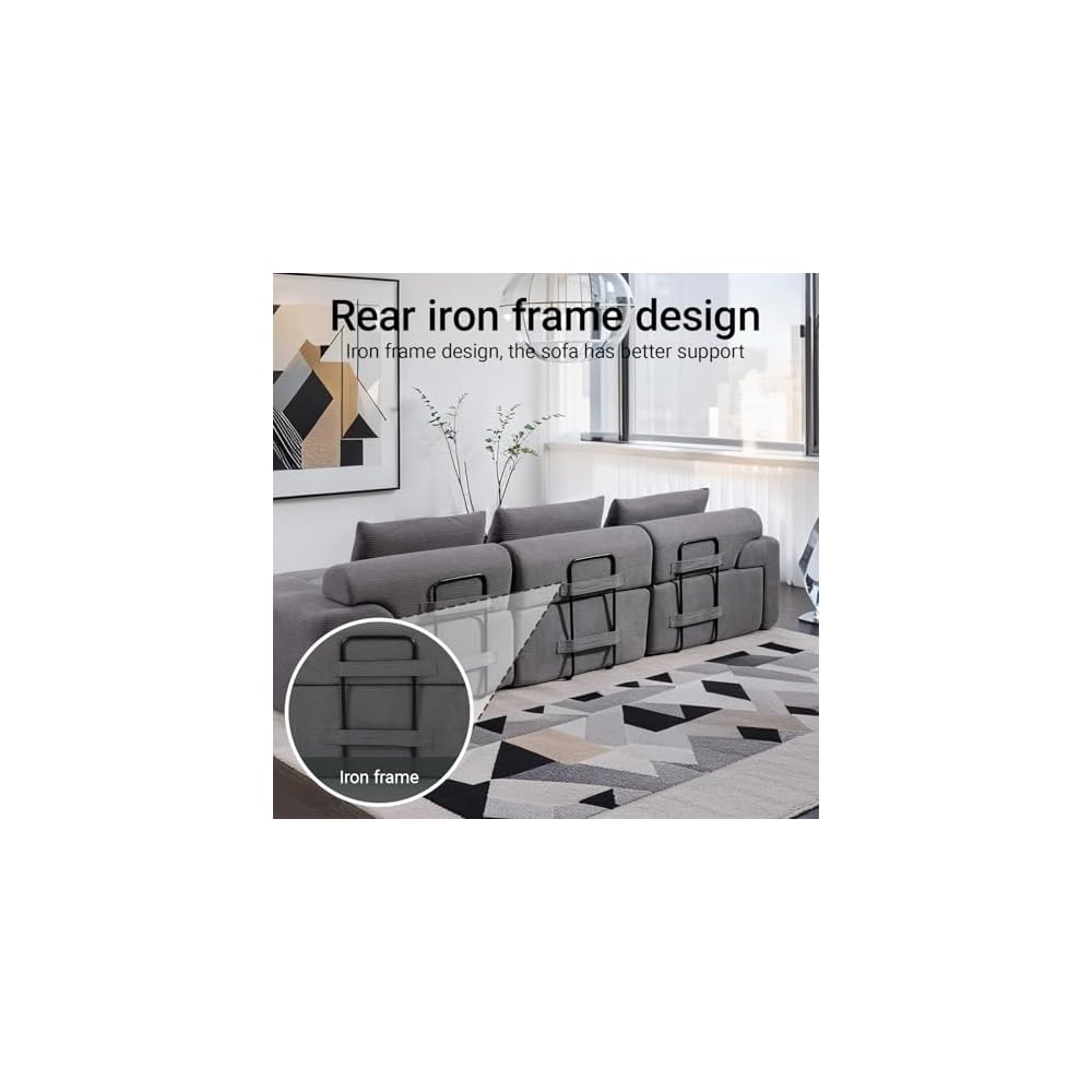 120" Modern L-Shaped Modular Sectional Sofa, No Assembly Modular Boneless Couch Oversized 3-Seater Cloud Couch with Deep Seat and Movable Ottoman for Living Room-Corduroy Upholstery Grey