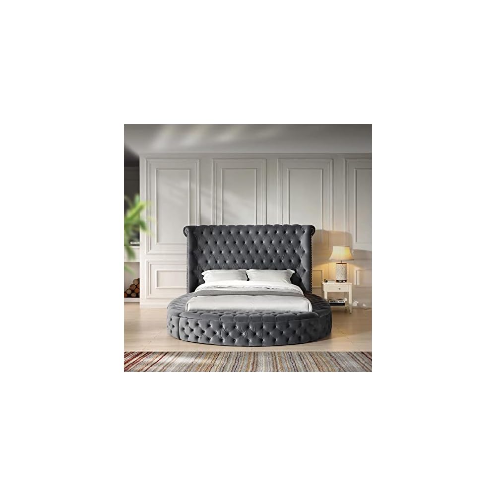 Elizabeth 107 x 101 Velvet Round Storage King Bed in Gray