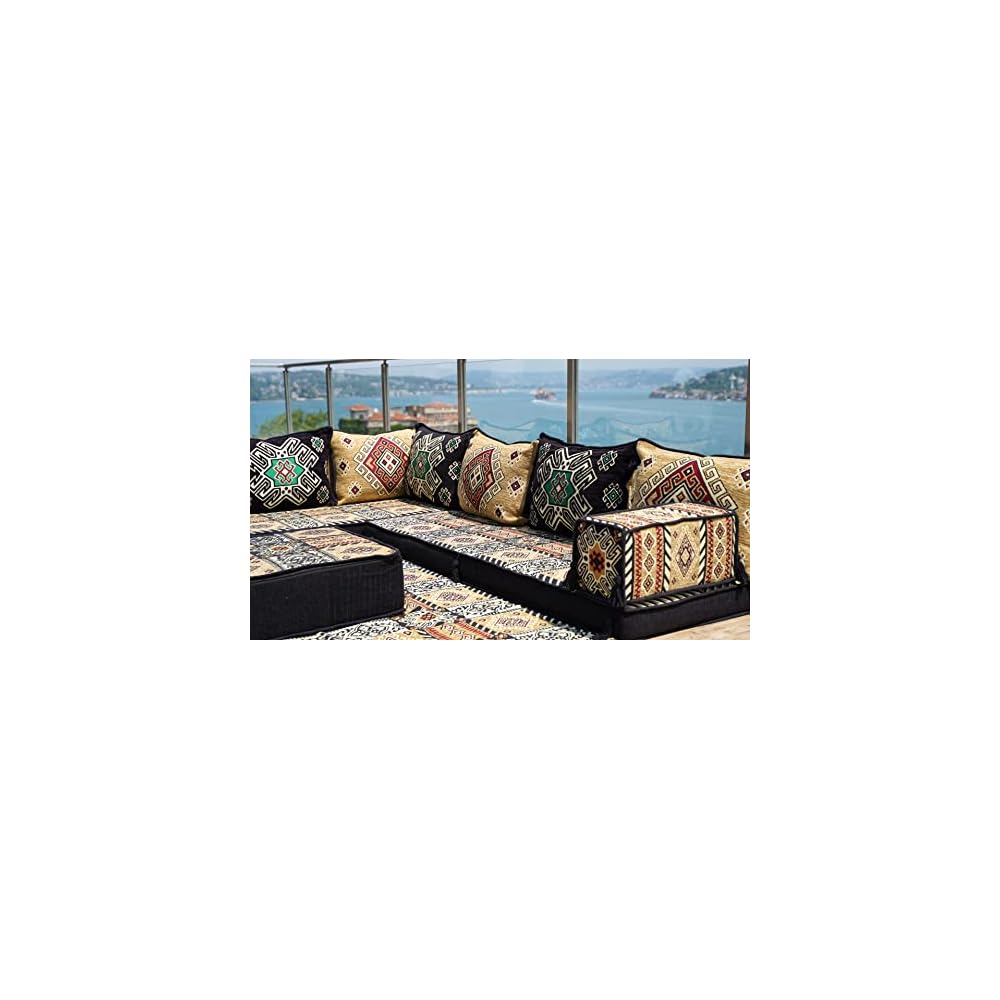 4" Thick L Shaped Floor Couch, Seating, Floor Pillow, Sectional Sofa Set, Patio Furniture, Arabic Majlis (L Sofa + Rug + Ottoman, 4'' Thickness (10 cm))