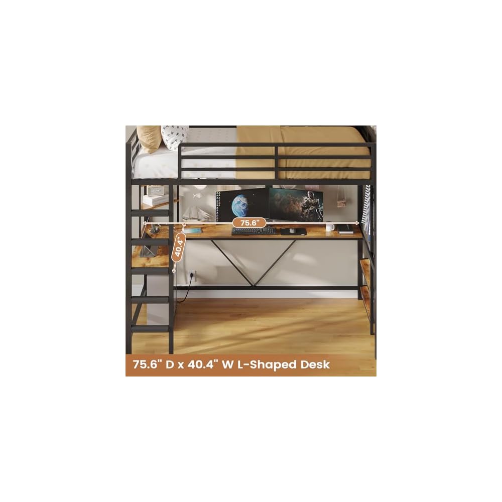 Loft Bed Twin Size with Hall Tree, Charging Station and LED Lights, Metal Loft Bed with L-Shaped Desk, 5 Storage Drawers, Heavy Duty Twin Size Bed with Stairs, No Box Spring Needed, Black