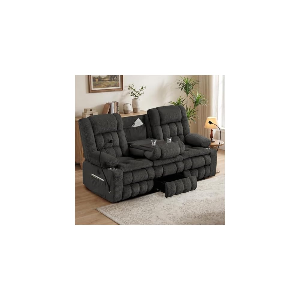 3 Seat Reclining Sofa, Manual Recliner Sofa Couch with Drop-Down Table, Phone Holders & Storage Drawer, Recliner Couch with Plush Double-Layer Cushion for Living Room, Bedroom & Office (Grey)