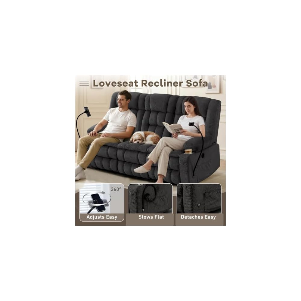 3 Seat Reclining Sofa, Manual Recliner Sofa Couch with Drop-Down Table, Phone Holders & Storage Drawer, Recliner Couch with Plush Double-Layer Cushion for Living Room, Bedroom & Office (Grey)