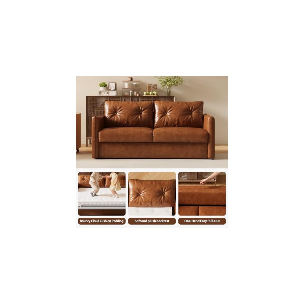 55.9” Convertible Mid Century Morden Pull-Out Sofa Bed, Sleeper Sofa with Storage Chaise, Velvet Upholstered 2-in-1 Sofa Couch, Loveseat for Living Room, Guest Room & Apartment, Brown