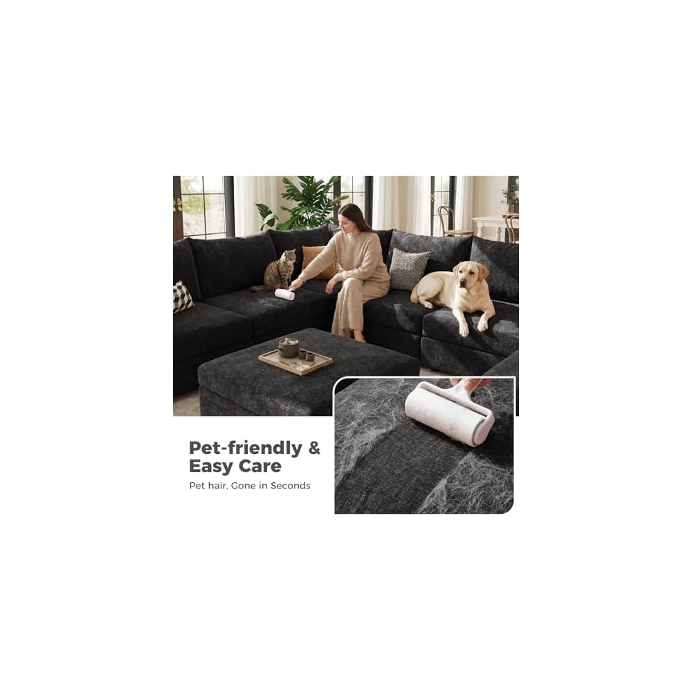102.6" L Shaped Modular Sectional Couch with Washable Chenille Cover, 4 Seater Deep Seat Sofa with Storage Ottoman & Reversible Chaise for Living Room, Pet-Friendly, Black