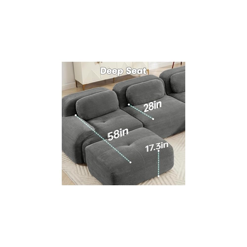 82" Foam Compressed Cloud Sofa,28" Feep Seat Pet-Friendly Corduroy Oversize Sectional Couch with Movable Ottoman, 2 Seater Modular Cloud Couch for Living Rooms, Apartments, Leisure Rooms,Grey