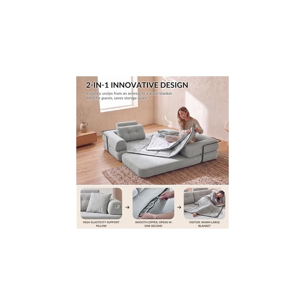 Convertible Floor Sofa Bed with High Headrest, Boneless Loveseat Sleeper Couch with 2-in-1 Blanket Pillows, Memory Foam Futon Sofa for Apartments (Grey)