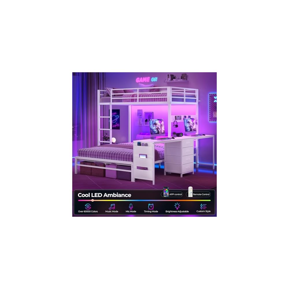 Bunk Bed Twin Over Full with Drawers, 2 Person Desk, White