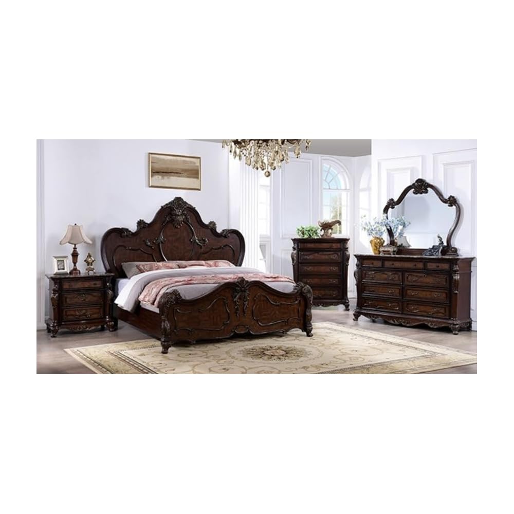 Traditional Queen Platform Bed, Dark Cherry Carved Wood Frame