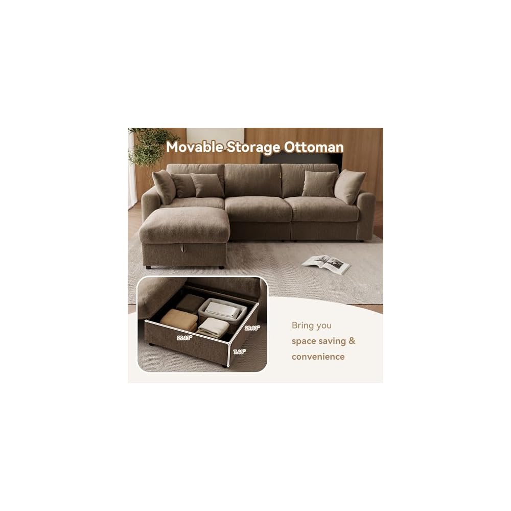 110” Cloud Sectional Couches for Living Room, Modular Sectional Sofa with Deep Seat, Convertible L-Shape Couch with Storage Ottoman for Bedroom Apartment, Chenille (Brown)