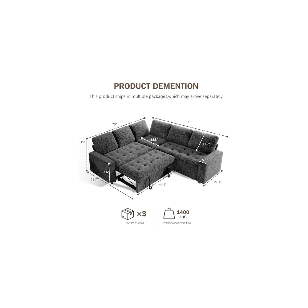 5-Seat Modular Sleeper Sofa with Pull-Out Bed & Storage, L-Shaped Chenille Sectional Couch, Reclining Backrest & USB Charging for Small Space Living Room, Dark Grey