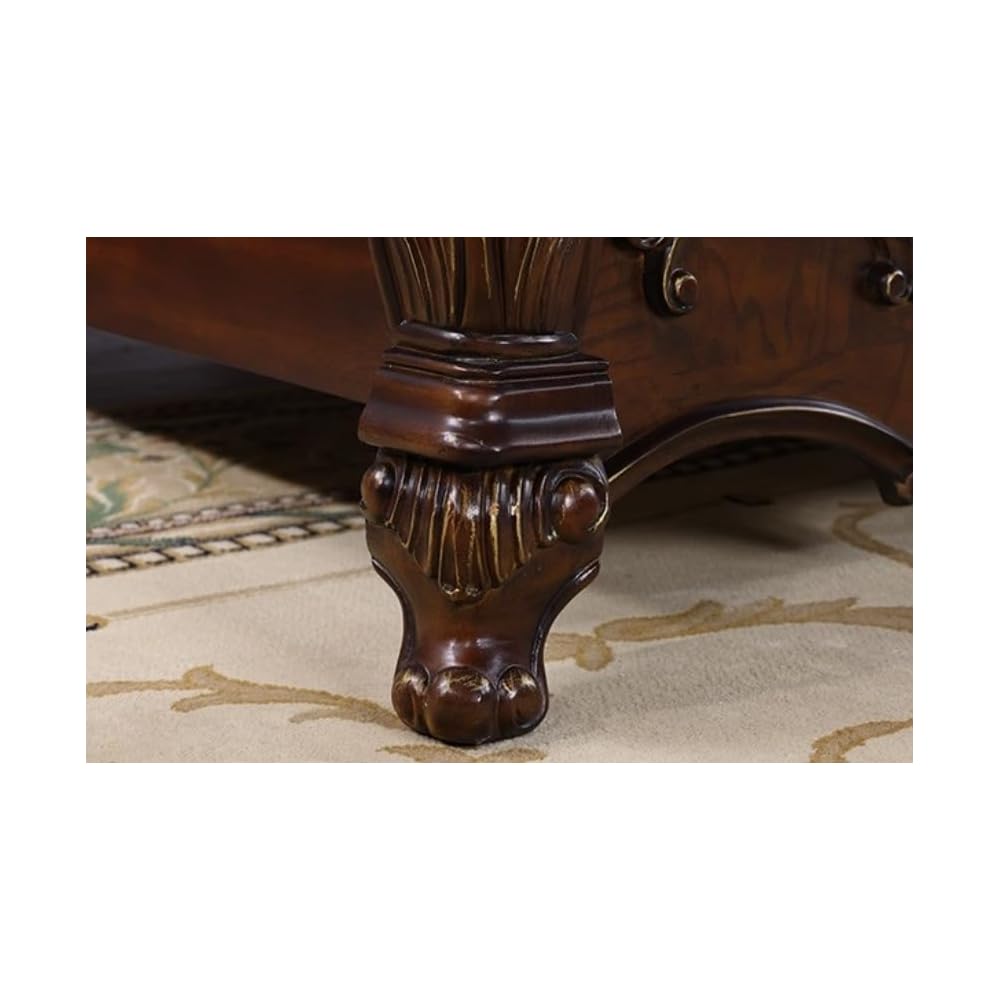 Traditional Queen Platform Bed, Dark Cherry Carved Wood Frame