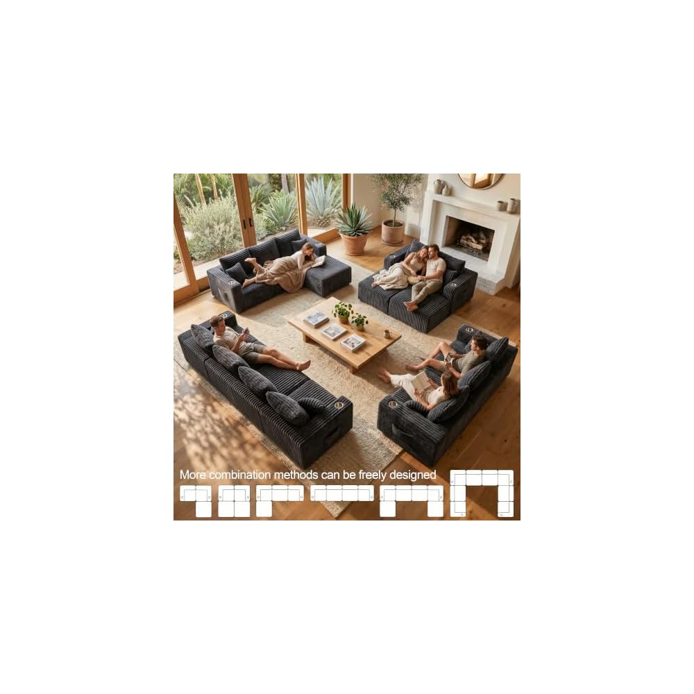 67'' L-Shaped Cloud Modular Sectional Sofa, Modern Corduroy Memory Foam Couch with Cup Holders, Upholstered Boneless Deep Seat Fluffy Loveseat with Ottoman, No Assembly Needed, for Home, Black