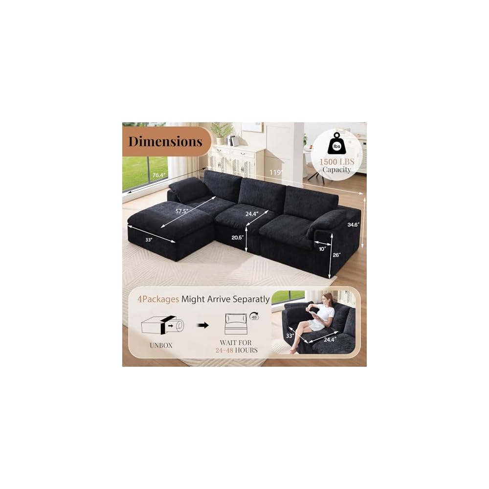 120" Cloud Modular Sectional Sofa, No-Assembly Chenille Couch, Black
