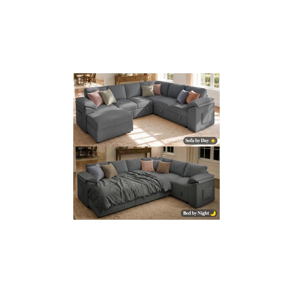 108" Modular Sectional Sleeper Sofa with Pull Out Bed, Dark Grey