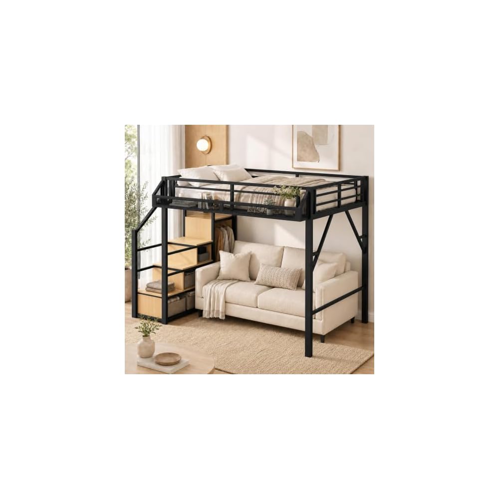 Full Size Loft Bed with Storage Stairs, Four-Sided Guardrail and Storage Shelves, Metal Loft Bed with Wardrobe for Kids, Teens and Adults, Modern Full Loftbed for Bedroom, Natural