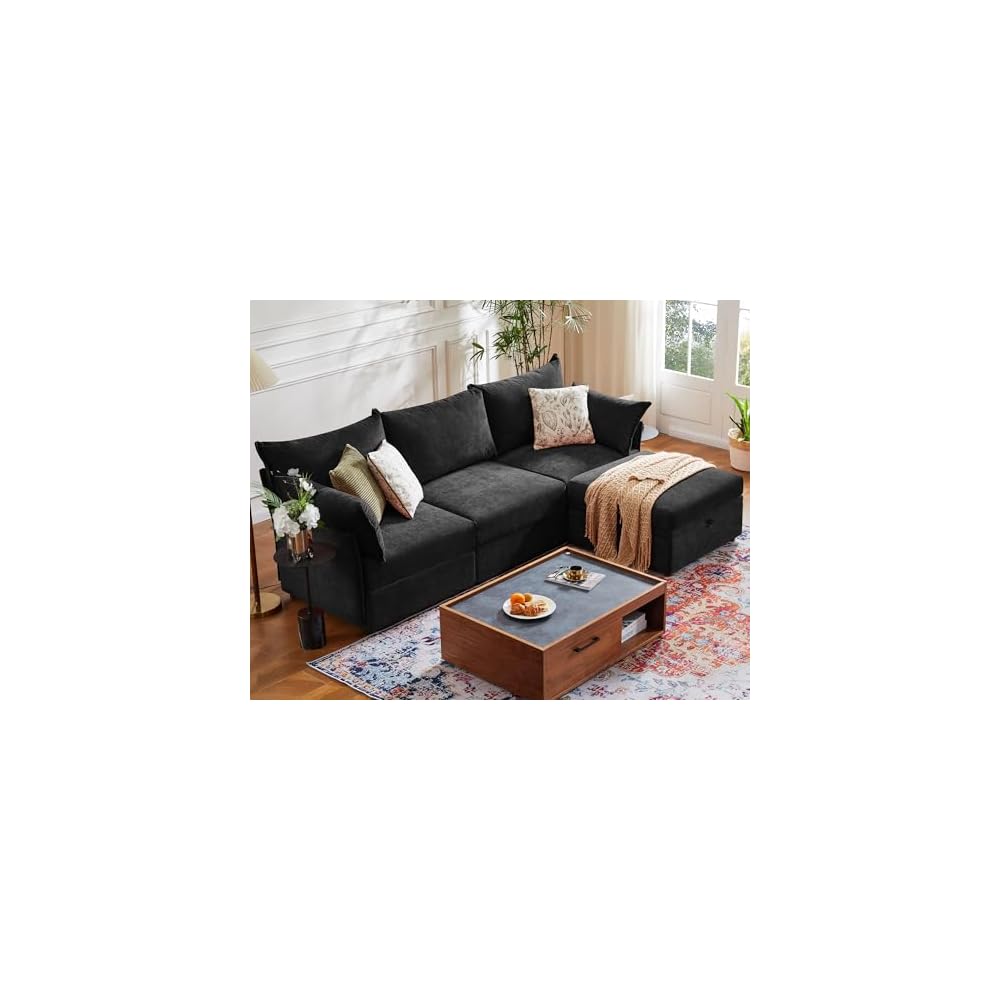 102.6" L Shaped Modular Sectional Couch with Washable Chenille Cover, 4 Seater Deep Seat Sofa with Storage Ottoman & Reversible Chaise for Living Room, Pet-Friendly, Black