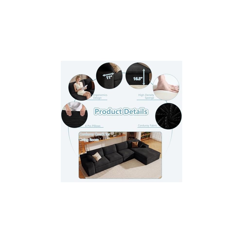 136" Cloud Sectional Couch with L-Shape Chaise, Modern Corduroy Viral Boneless Sofa for Living Room,Memory Foam Couches in a Box with Deep Seat,No Assembly Required (Black,Right-Facing Chaise)