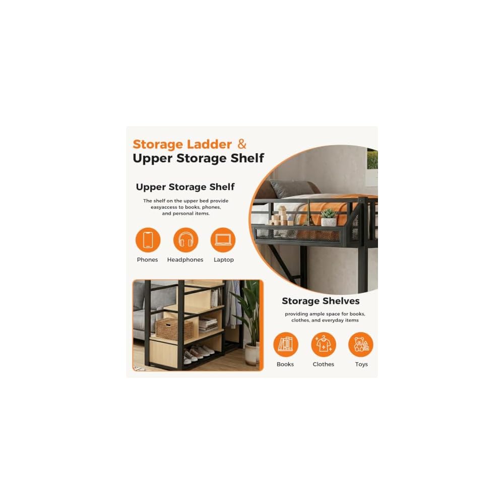 Full Size Loft Bed with Storage Stairs, Four-Sided Guardrail and Storage Shelves, Metal Loft Bed with Wardrobe for Kids, Teens and Adults, Modern Full Loftbed for Bedroom, Natural