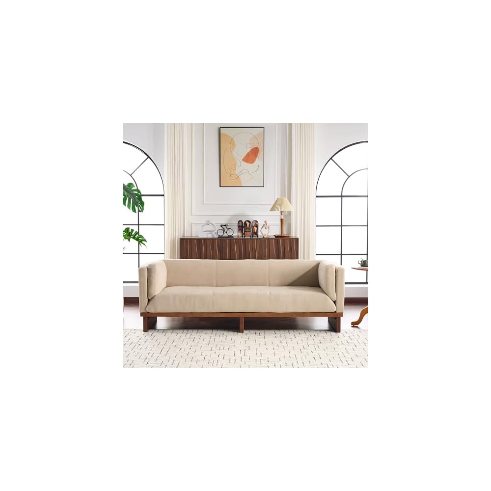 87" Recessed Modern Sofa Couch, 3 Seater Deep Seat Upholstered Polyester Fabric Sofa with Straight Back, Arms & Solid Wood Frame, Accent Sofa for Living Room Bedroom, Almond