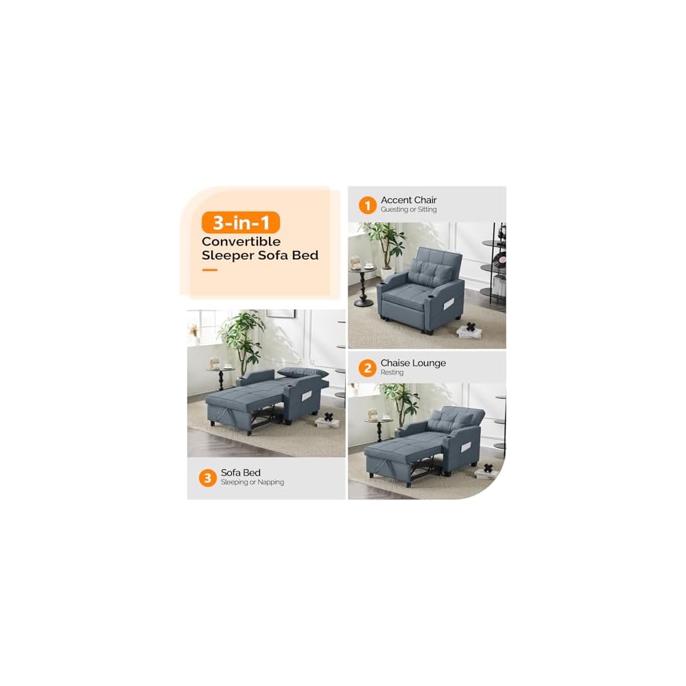 3-in-1 Convertible Sofa Bed, Recliner with Adjustable Backrest, USB Ports, Cup Holders for Small Spaces, Living Room