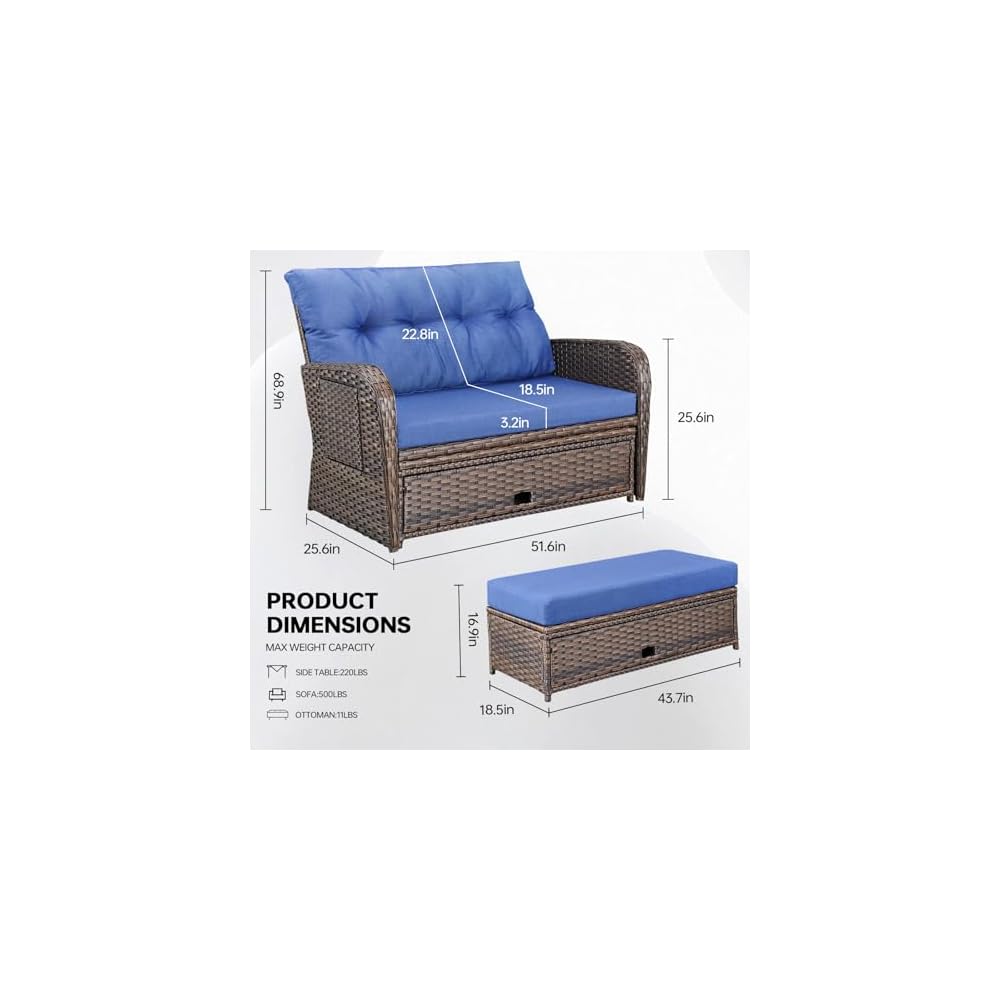 Patio Rattan Daybed, Wicker Recliner Loveseat for Two with Multifunctional Recliner and Stowable Side Tray, 5 Level Adjustable Backrest (Brown Wicker/Blue Cushion)