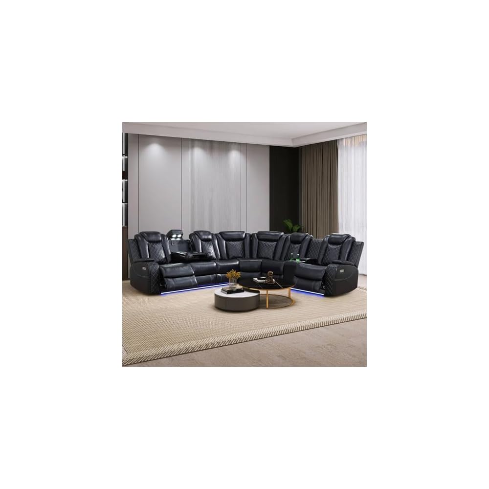 Black Leather Power Reclining Sectional Sofa,Sectional Couch with Recliner,L Shaped Recliner Sofa with LED Light/Read Lamp/Storage Console/USB Port for Living Room/Home Theater/Apartment