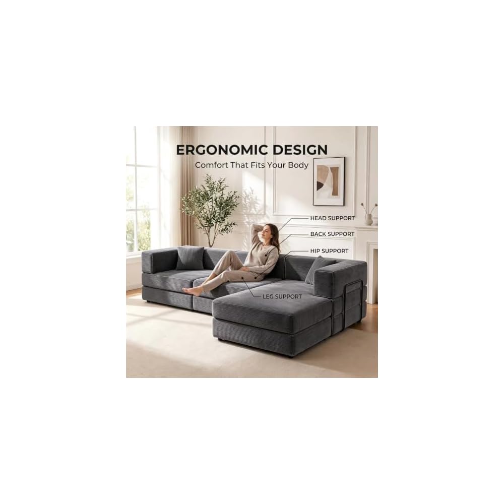 L Shaped Modular Sofa Bed, Modular Sectional Sofa with 8 Movable Cushions