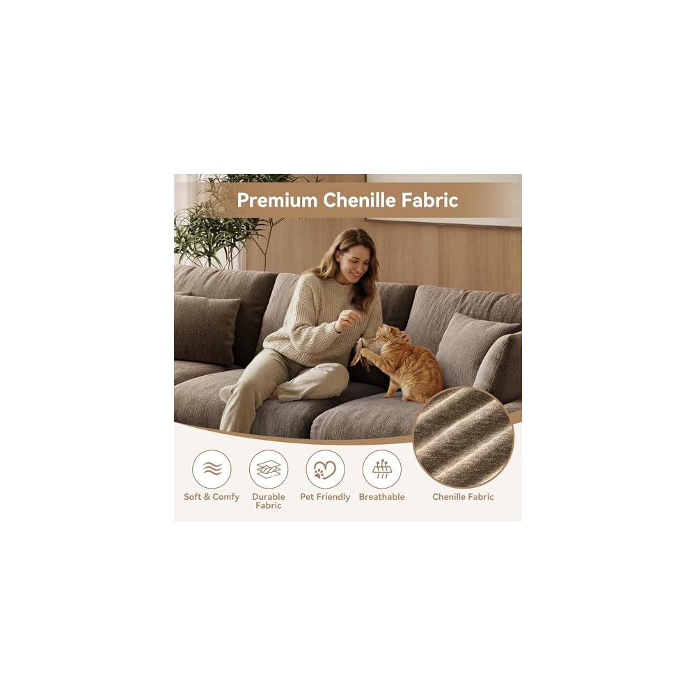 110” Cloud Sectional Couches for Living Room, Modular Sectional Sofa with Deep Seat, Convertible L-Shape Couch with Storage Ottoman for Bedroom Apartment, Chenille (Brown)