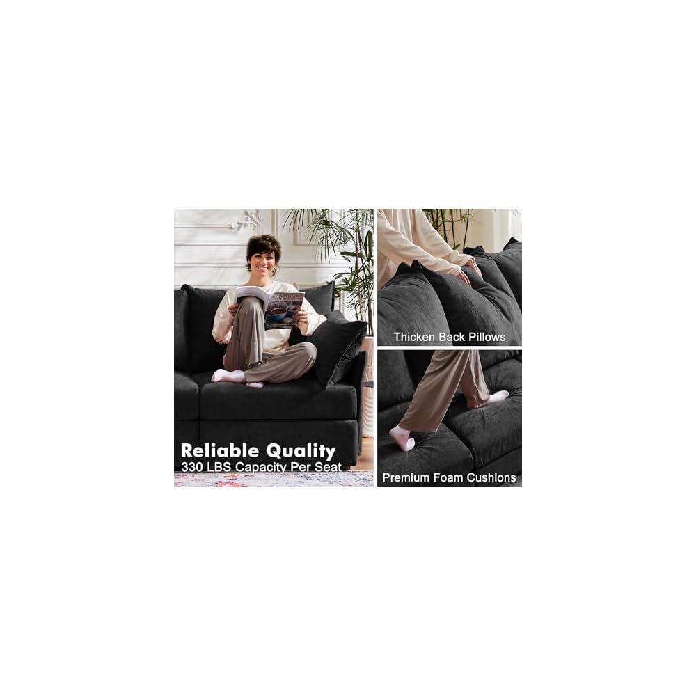 102.6" L Shaped Modular Sectional Couch with Washable Chenille Cover, 4 Seater Deep Seat Sofa with Storage Ottoman & Reversible Chaise for Living Room, Pet-Friendly, Black