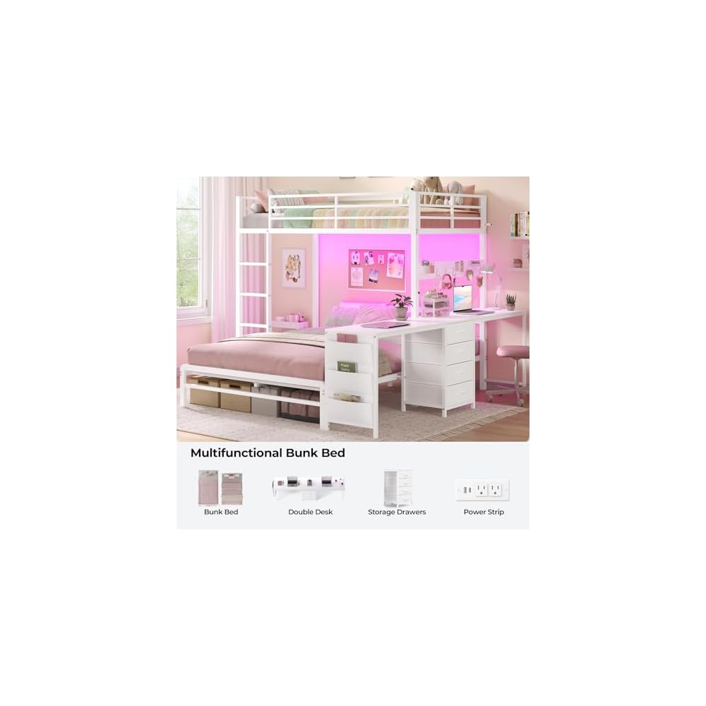 Bunk Bed Twin Over Full with Drawers, 2 Person Desk, White